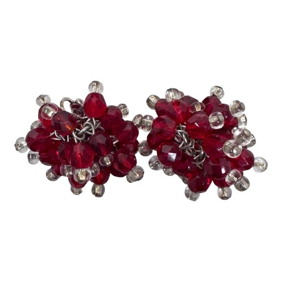 Vintage Marvella Red Bead Clip-On Earrings Faceted Beads Clear Cluster Huggie - Picture 2 of 6
